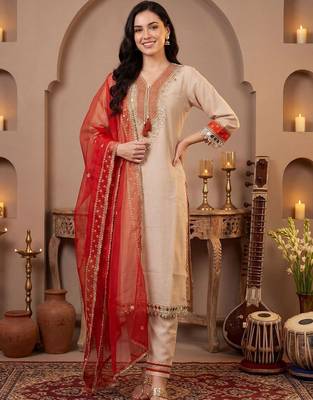 Women Ethnic Motifs Embroidered Regular Thread Work Kurta with Trousers & With Dupatta 6