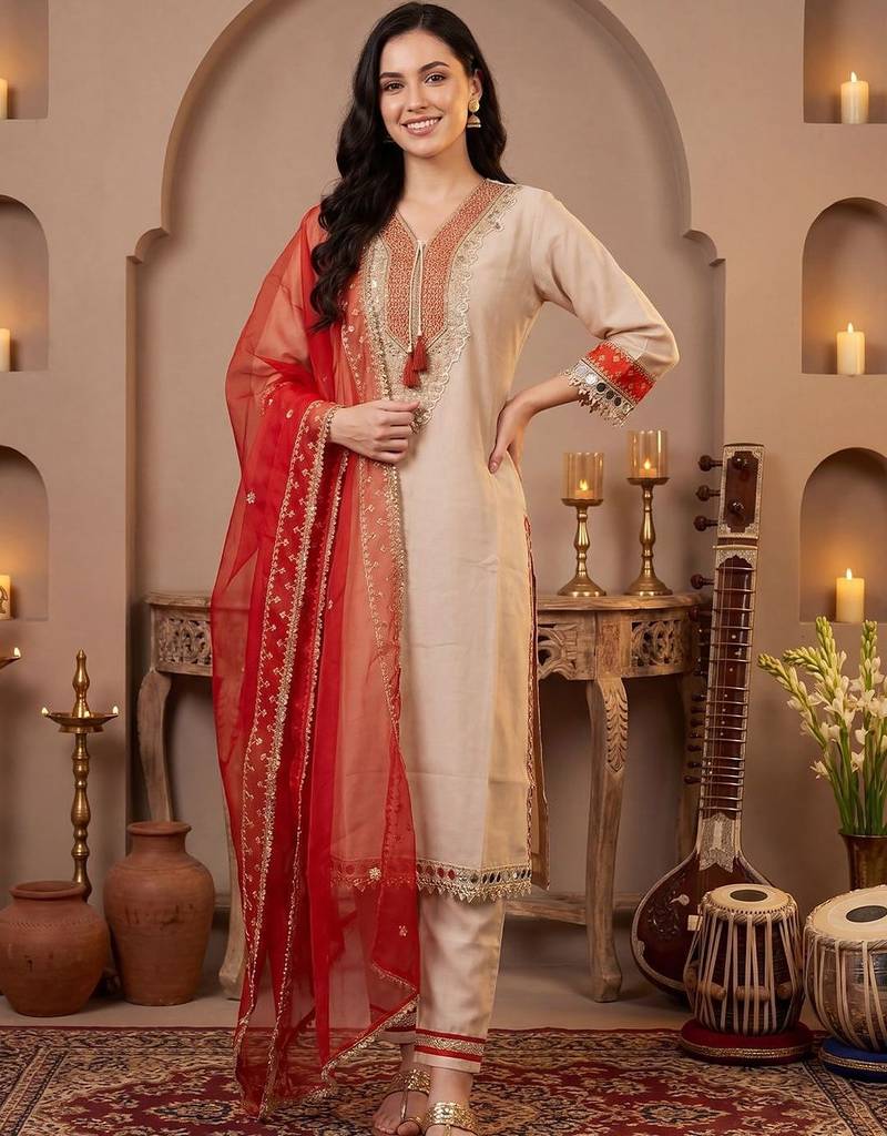 Women Ethnic Motifs Embroidered Regular Thread Work Kurta with Trousers & With Dupatta