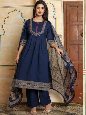Women Ethnic Motifs Regular Thread Work  Cotton Kurta with Trousers & With Dupatta 1