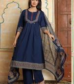 Women Ethnic Motifs Regular Thread Work  Cotton Kurta with Trousers & With Dupatta