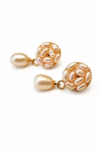 Freshwater pearl cluster ball drop earrings with gold tone