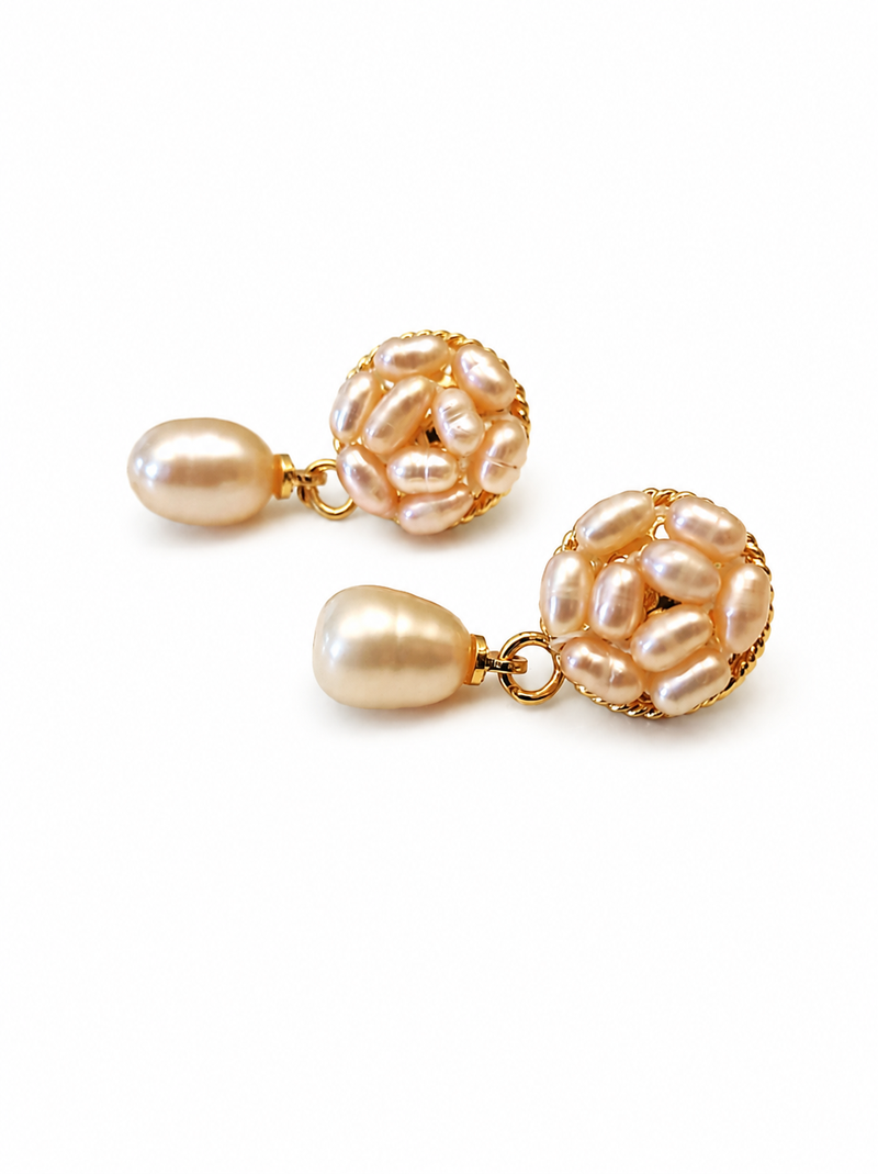 Freshwater pearl cluster ball drop earrings with gold tone