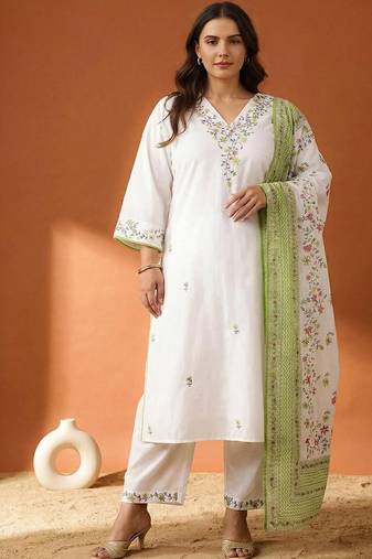 Plus Size Embroidered Cotton Kurta with Trousers & With Dupatta