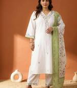 Plus Size Embroidered Regular  Cotton Kurta with Trousers & With Dupatta