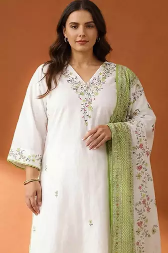 Plus Size Embroidered Regular  Cotton Kurta with Trousers & With Dupatta