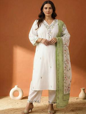 Plus Size Embroidered Regular  Cotton Kurta with Trousers & With Dupatta 3