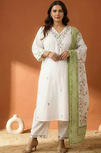 Plus Size Embroidered Regular  Cotton Kurta with Trousers & With Dupatta