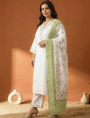 Plus Size Embroidered Regular  Cotton Kurta with Trousers & With Dupatta 4