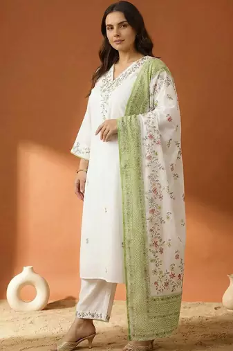 Plus Size Embroidered Regular  Cotton Kurta with Trousers & With Dupatta