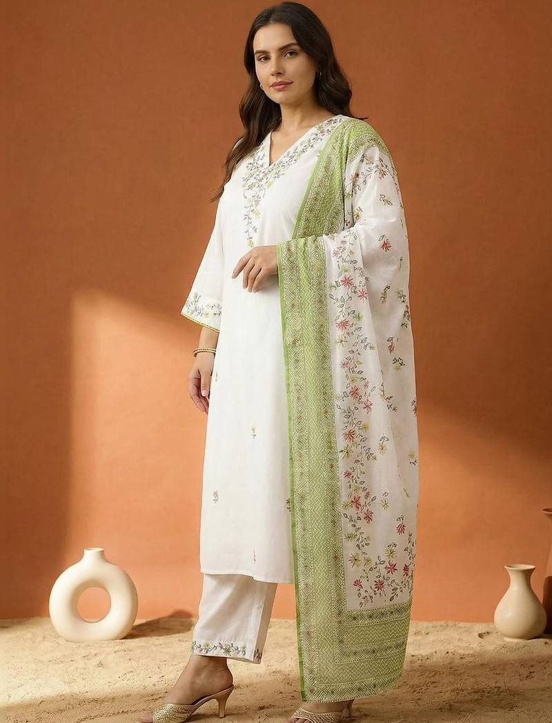 Plus Size Embroidered Regular  Cotton Kurta with Trousers & With Dupatta