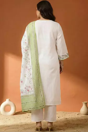 Plus Size Embroidered Regular  Cotton Kurta with Trousers & With Dupatta