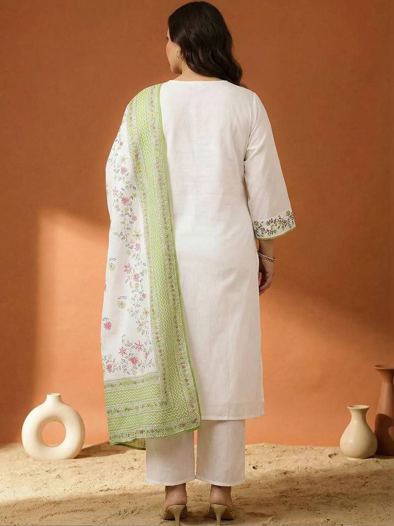 Plus Size Embroidered Regular  Cotton Kurta with Trousers & With Dupatta
