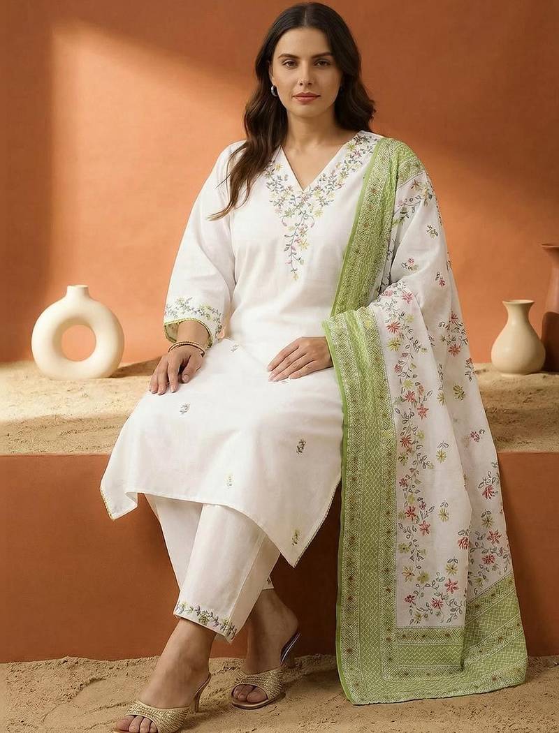 Plus Size Embroidered Regular  Cotton Kurta with Trousers & With Dupatta