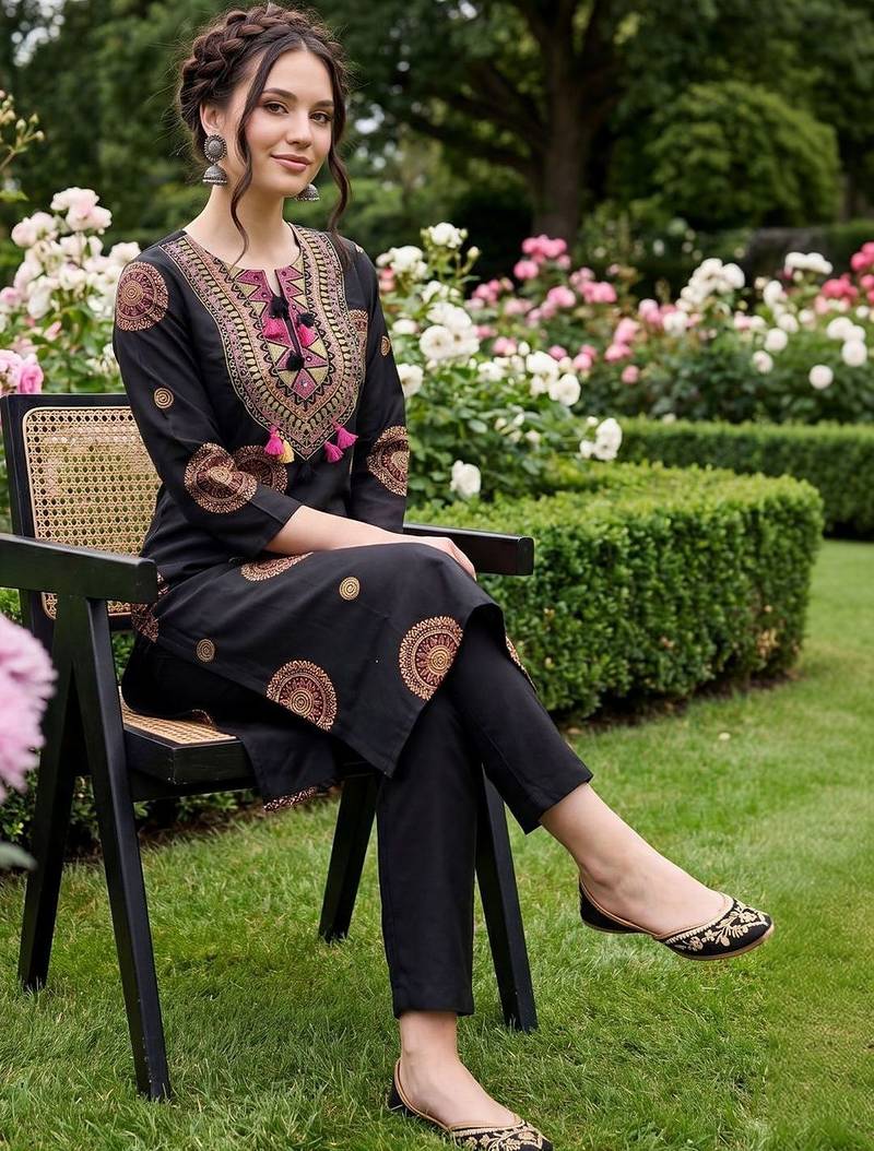 Women Ethnic Motifs Embroidered Regular Thread Work  Cotton Kurta with Trousers