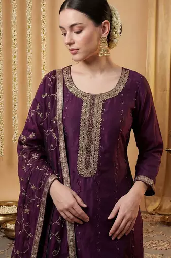 Women Ethnic Motifs Embroidered Regular Sequinned Kurta with Trousers & With Dupatta