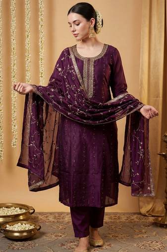 Women Ethnic Motifs Embroidered Sequinned Kurta with Trousers & With Dupatta