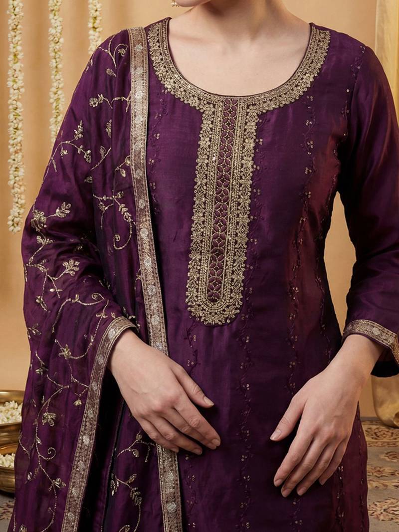 Women Ethnic Motifs Embroidered Regular Sequinned Kurta with Trousers & With Dupatta