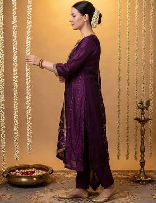 Women Ethnic Motifs Embroidered Regular Sequinned Kurta with Trousers & With Dupatta 4