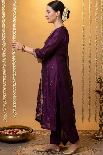 Women Ethnic Motifs Embroidered Regular Sequinned Kurta with Trousers & With Dupatta