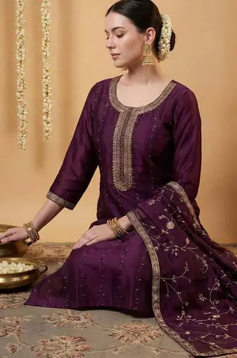 Women Ethnic Motifs Embroidered Regular Sequinned Kurta with Trousers & With Dupatta