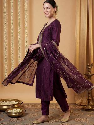 Women Ethnic Motifs Embroidered Regular Sequinned Kurta with Trousers & With Dupatta 7