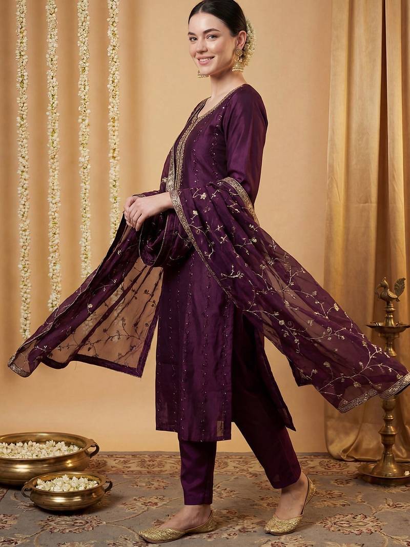 Women Ethnic Motifs Embroidered Regular Sequinned Kurta with Trousers & With Dupatta