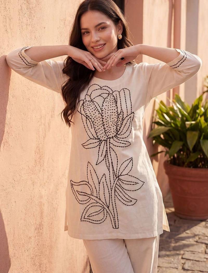 Women Floral Embroidered Regular Thread Work  Cotton Kurta with Trousers