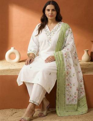 Plus Size Embroidered Regular  Cotton Kurta with Trousers & With Dupatta 1