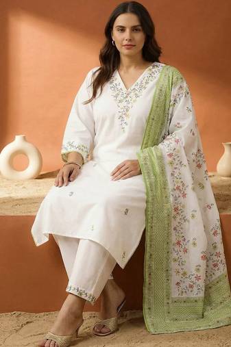 Plus Size Embroidered Cotton Kurta with Trousers & With Dupatta