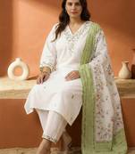 Plus Size Embroidered Regular  Cotton Kurta with Trousers & With Dupatta