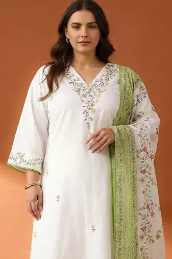 Plus Size Embroidered Regular  Cotton Kurta with Trousers & With Dupatta