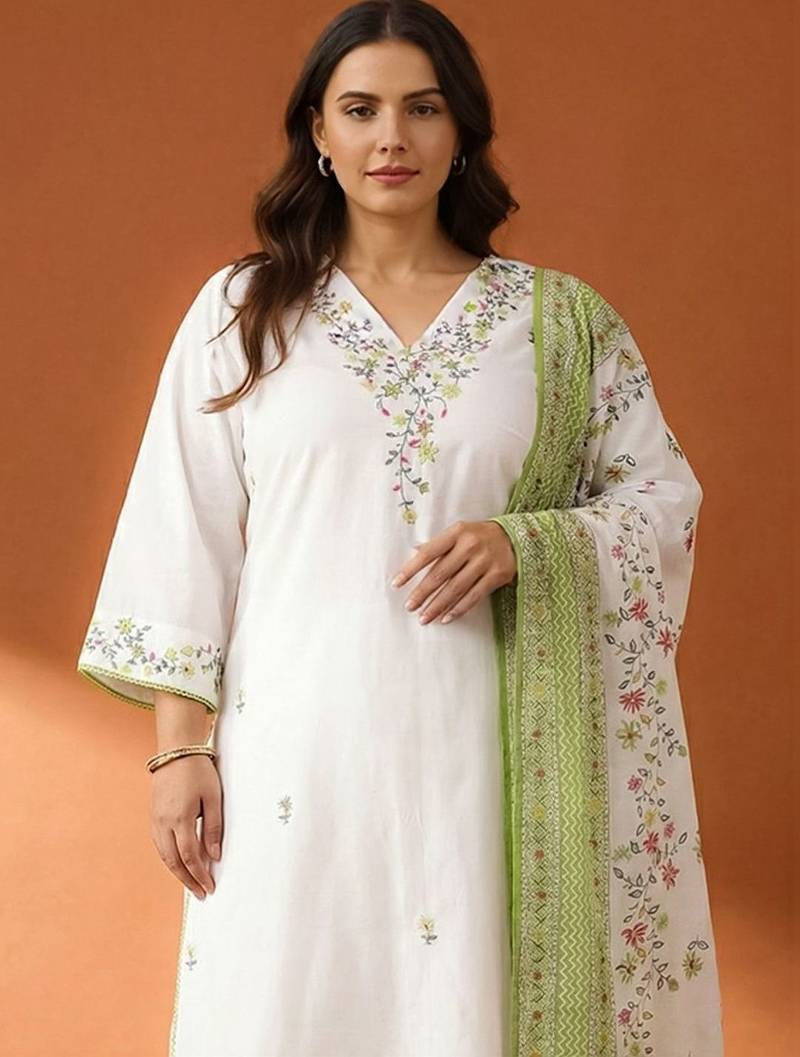 Plus Size Embroidered Regular  Cotton Kurta with Trousers & With Dupatta