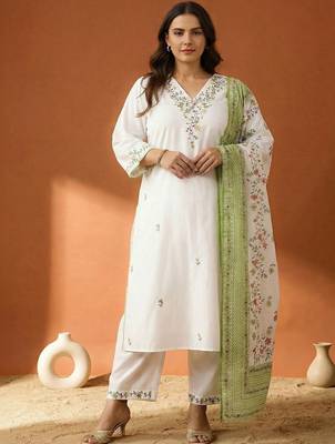 Plus Size Embroidered Regular  Cotton Kurta with Trousers & With Dupatta 3