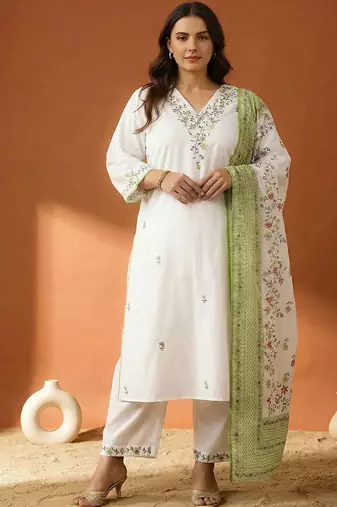 Plus Size Embroidered Regular  Cotton Kurta with Trousers & With Dupatta