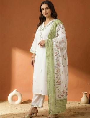Plus Size Embroidered Regular  Cotton Kurta with Trousers & With Dupatta 4