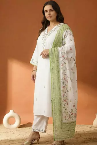Plus Size Embroidered Regular  Cotton Kurta with Trousers & With Dupatta