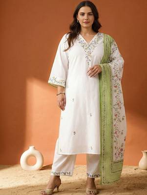 Plus Size Embroidered Regular  Cotton Kurta with Trousers & With Dupatta 5
