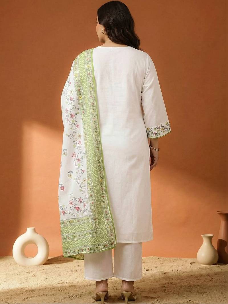 Plus Size Embroidered Regular  Cotton Kurta with Trousers & With Dupatta
