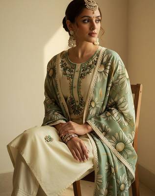 Floral Embroidered Regular Thread Work Kurta With Trousers & Dupatta 1