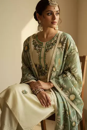 Floral Embroidered Regular Thread Work Kurta With Trousers & Dupatta