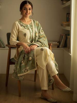 Floral Embroidered Regular Thread Work Kurta With Trousers & Dupatta 2
