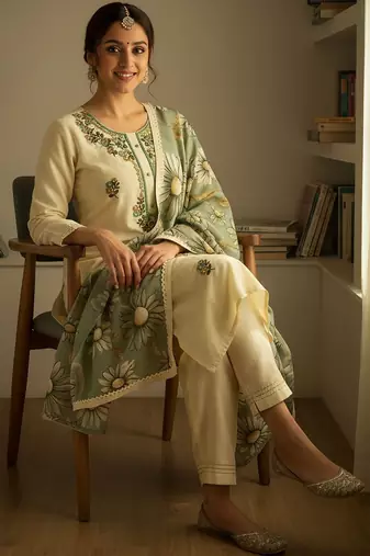 Floral Embroidered Regular Thread Work Kurta With Trousers & Dupatta