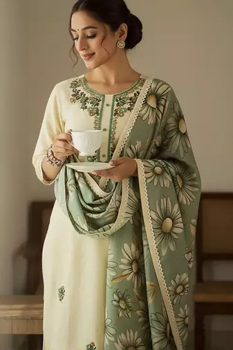 Floral Embroidered Regular Thread Work Kurta With Trousers & Dupatta