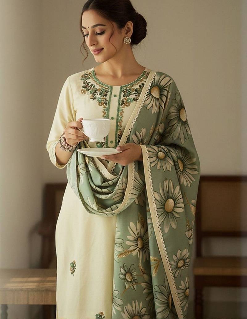 Floral Embroidered Regular Thread Work Kurta With Trousers & Dupatta