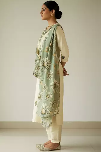 Floral Embroidered Regular Thread Work Kurta With Trousers & Dupatta
