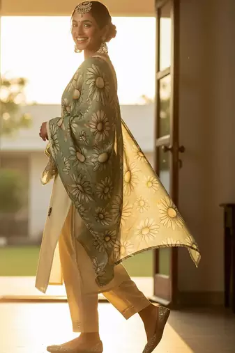 Floral Embroidered Regular Thread Work Kurta With Trousers & Dupatta