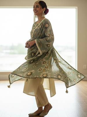 Floral Embroidered Regular Thread Work Kurta With Trousers & Dupatta 6