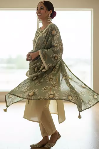 Floral Embroidered Regular Thread Work Kurta With Trousers & Dupatta