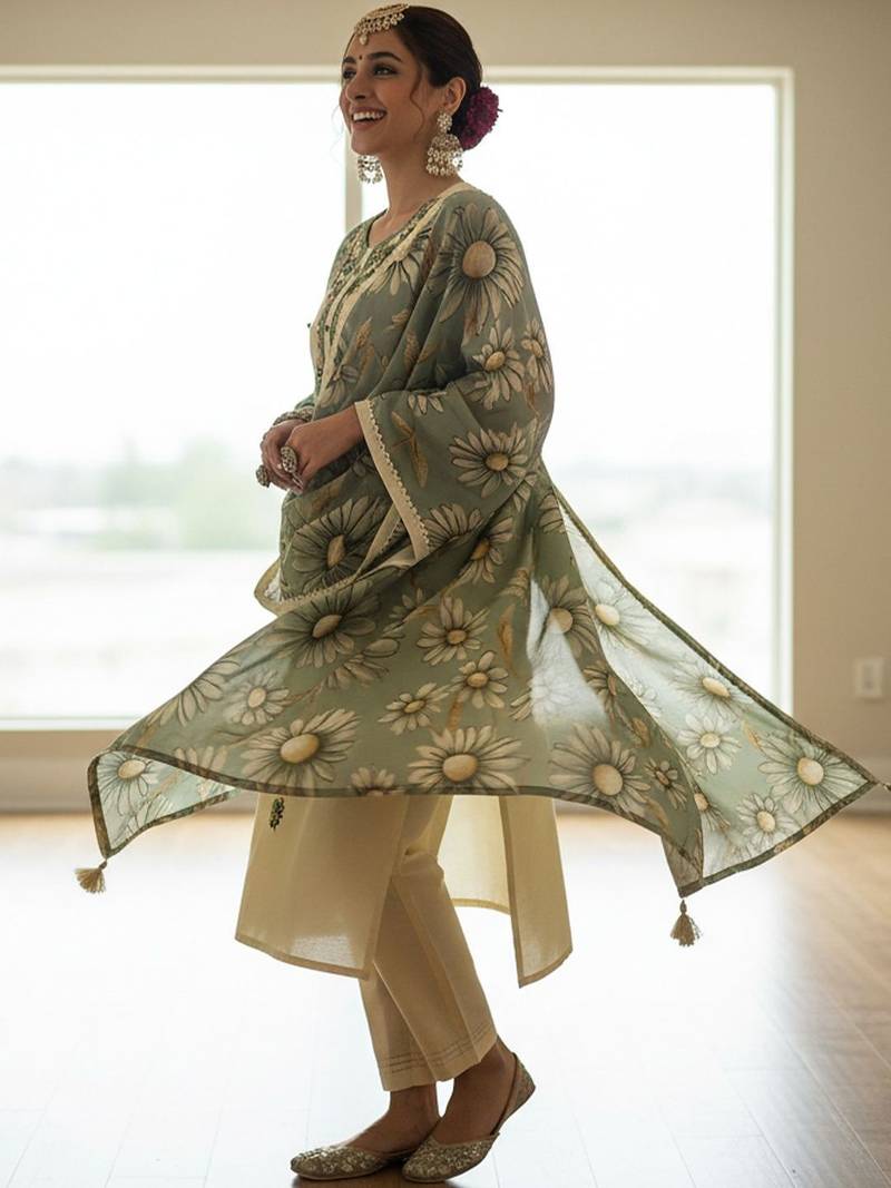 Floral Embroidered Regular Thread Work Kurta With Trousers & Dupatta
