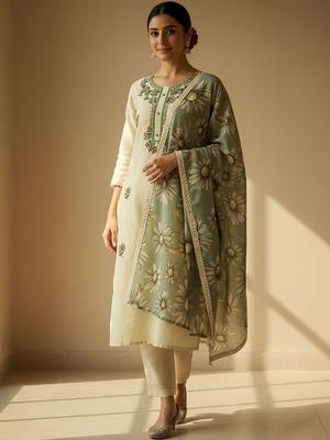 Floral Embroidered Regular Thread Work Kurta With Trousers & Dupatta 7